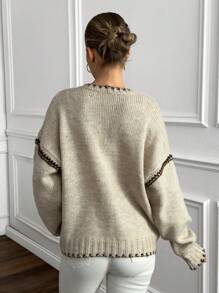 EURMUSE Áo len cardigan nữ chất lượng cao chải kỹ viền tương phản ấm áp và thoải mái - Màu be - Xem 2