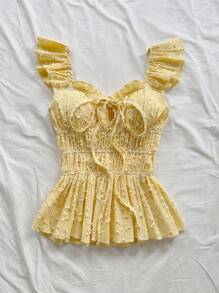 Soleia Áo croptop nữ màu vàng bơ tay ngắn, màu trơn, cổ tim bèo nhún, thích hợp cho kỳ nghỉ hè. - Màu vàng - Xem 4
