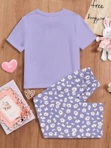 SHEIN Leap Crew 波西米亚风格雏菊花卉印花，青少年女孩休闲简约圆领短袖 T 恤和宽松长裤家居服套装，适合夏季 - 彩色 - 查看 2