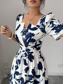 Elenzga 方领泡泡袖夏季腰部褶皱优雅全身印花拼色连衣裙