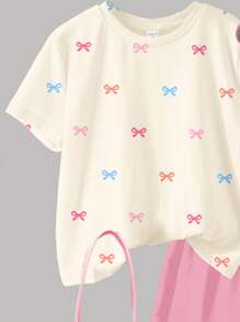 SHEIN 2pcs Tween Girls' Casual Minimalist Bow Decor Short Sleeve Top And Shorts Set, Summer - Multicolor - View 4