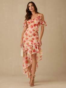 Enchnt Váy in họa tiết bèo nhún viền dây mảnh cho nữ, thanh lịch và thời trang cho mùa hè - Hồng - Xem 11