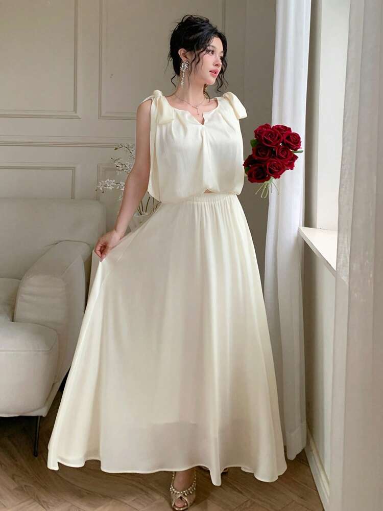 2 peças Conjunto de Blusa de Gola V Elegante de Chiffon com Laço na Frente e Parte Inferior, Roupa Casual de Resort de Cor Sólida para Escritório, Férias, Adequado para Casamento, Formatura, Festa