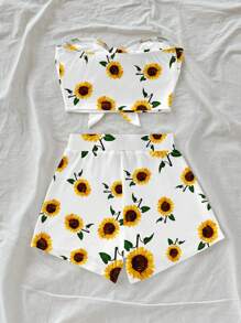 Soleia 女士休闲假日前系带抹胸上衣和迷你短裤套装，向日葵和花卉印花，适合夏季、春假、椰子女孩、女孩之旅、音乐节、假日服装、夏季服装、雏菊，适合外出 - 彩色 - 查看 2