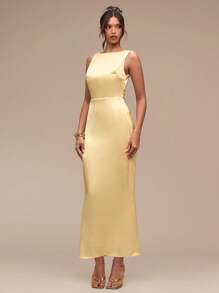 SHEIN BAE Women's Summer Solid Yellow Sleeveless Backless Bow Hip Straight Satin Elegant Midi Dress/Yellow Dress/Butter Yellow Dress/Summer Dresses For Women/Graduation Dress/Prom Dress/Wedding Guest Dress Women - White - View 4