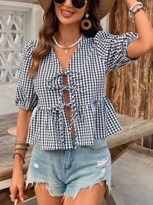 SHEIN LUNE 女士夏季格纹系带泡泡袖短款休闲衬衫 - 彩色 - 查看 4