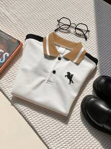 SHEIN Baby Boy Summer Casual Cute College Style Colorblock Short Sleeve Polo Shirt, Suitable For Birthday Party, Evening Party, Performance, Wedding, Baby Shower, One Month And One Year Celebration Baby Boy Polo Clothes - Multicolor - View 4