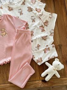 SHEIN Leap Crew 4pcs Young Girl Cute Cartoon Bear Pattern Round Neck Short Sleeve Top And Long Pants Ribbed Knit Soft Lounge Pajama Set - Multicolor - View 4