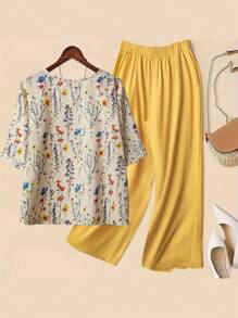 Linhara EMERY ROSE 2 件大码女式花卉印花休闲衬衫和纯色高腰抽绳阔腿裤套装