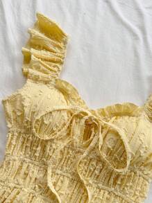 Soleia Áo croptop nữ màu vàng bơ tay ngắn, màu trơn, cổ tim bèo nhún, thích hợp cho kỳ nghỉ hè. - Màu vàng - Xem 3