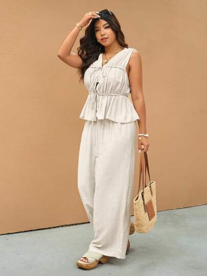 Elaquor 2-Piece Plus Size Women Casual Set: Tie-Up Sleeveless Crop Top And Relaxed Fit Pants, Fashion Streetwear Outfit, Spring/Summer New Arrivals