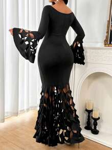 SHEIN Lady Women's Solid Color Hollow-Out Patchwork Long Sleeve Slim Fit Dress Plus Size Dresses