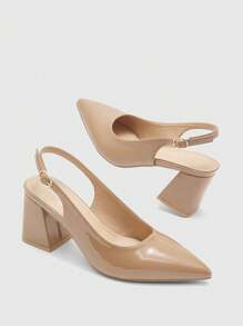 CUCCOO BIZCHIC 女士时尚杏色露背尖头粗跟高跟鞋，经典简约通勤、约会、派对、节日、婚礼 - 卡其色 - 查看 6