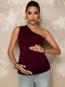 MaterniChic Maternity Solid Color Pleated Asymmetrical Shoulder Cami - Red Violet - View 6
