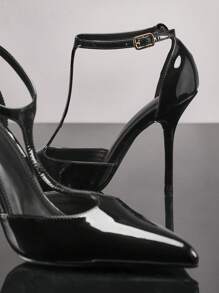 SHUZIA 最热门的黑色PU女士春夏露跟T型带中跟性感尖头舒适办公室休闲鞋