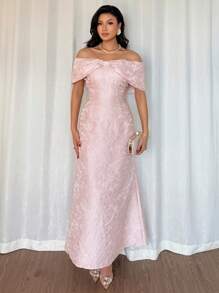 Rafferiza 时尚优雅节日宴会单肩蝴蝶结收腰包臀缎面亮粉色提花女装春夏长款连衣裙名媛派对礼服 - 粉色 - 查看 8