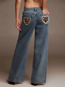 SHEIN Forever 21 女式 Y2K 夏季豹纹印花心形贴袋宽松阔腿休闲百搭牛仔裤 - 藍色 - 查看 3