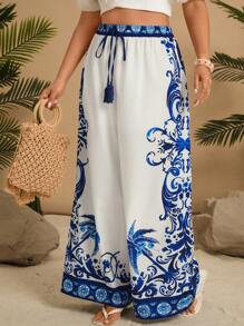 Travachic Pantalones palazzo informales de playa con estampado integral y anudado para tallas grandes para el verano - Multicolor - Ver 3
