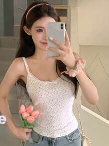 DAZY 女式可爱碎花撞色蕾丝吊带背心，波西米亚风上衣