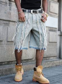 Manfinity EMRG Bermudas vaqueras casuales con bordes lavados para hombre