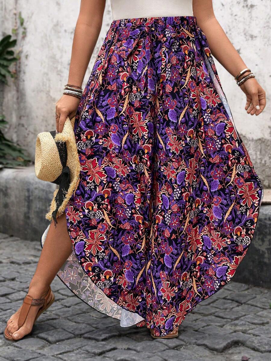 SHEIN LUNE 加大码女式花卉印花松紧腰系带下摆不对称下摆长裤，度假节波西米亚风复古印花不对称下摆长裤 - 紫色 - 查看 1