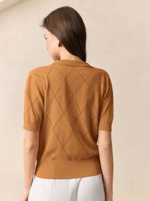 BizChic Autumn Women's Caramel Polo Collar Diamond Knit Short Sleeve Pullover Sweater, Basic Urban Commute Simple Elegant Fashionable Business Casual Outfit, Suitable For Teachers, Office Wear