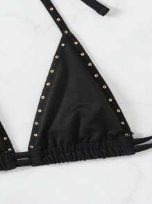 SHEIN Swim Bộ 2 chiếc/Bộ Bikini hở lưng gợi cảm cho nữ không gọng, Quần buộc dây bên hông, Đồ bơi đi biển đơn giản cho nữ, Kỳ nghỉ xuân - màu đen - Xem 3