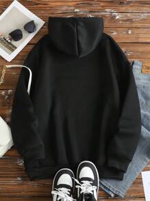 SHEIN MOOSTA 大码女式字母“NEW YORK U.S.A”城市名称印花保暖内衬抽绳黑色卫衣，适合毕业、返校、教师等场合，秋冬季节穿着。 - 黑色 - 查看 2
