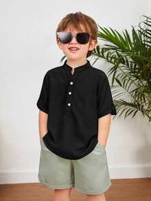 SHEIN LMoss Kids 1pc Young Boys' Casual Loose Woven Plain Stand Collar Short Sleeve Shirt Young Boys Suit Set - Black - View 8