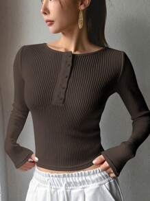 DAZY قميص نسائي بأكمام طويلة وياقة نصف عالية وأزرار، لون سادة، وصول جديد للخريف، ملابس نسائية للخريف