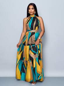 SOLERSUN 女士时尚全印花吊带长裙配腰带，飘逸度假风（随机花卉图案） - 黃色 - 查看 5