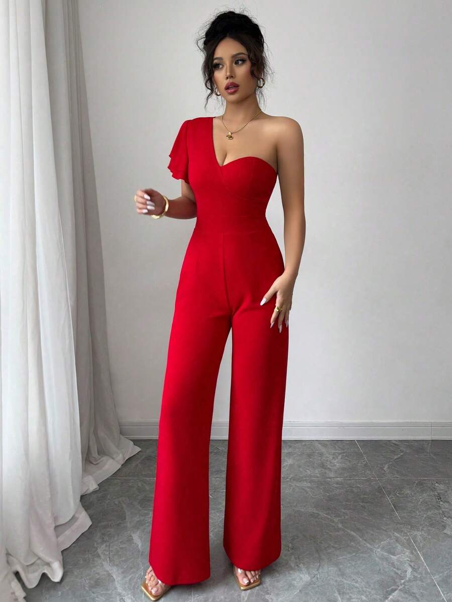 Rafferiza French Style Ruffle Trim Cinched Waist High-Rise Wide Leg Women Jumpsuit - Red - View 1