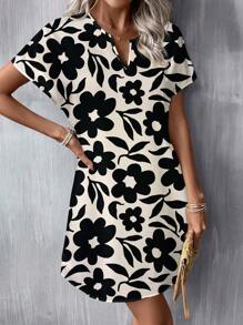 SHEIN LUNE 休闲优雅拼色花卉图案 V 领梭织迷你连衣裙，适合春夏季 - 彩色 - 查看 4