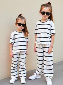 2pcs/Set Young Girl Striped Crew Neck Knit Top And Loose Fit Casual Pants Set