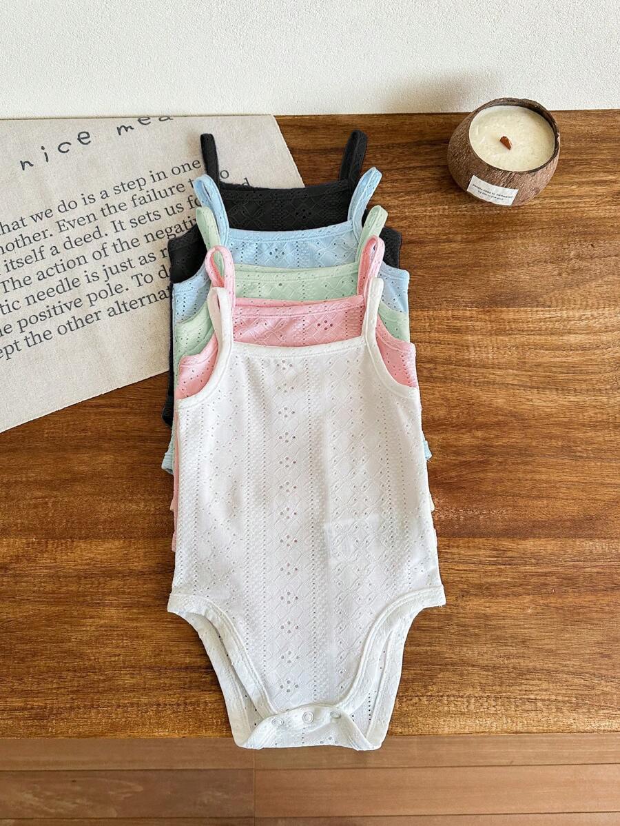 SHEIN LMoss Kids Bộ 5 món/bộ áo liền quần dệt kim không tay màu trơn dễ thương cho bé gái sơ sinh mùa hè - Nhiều màu - Xem 1