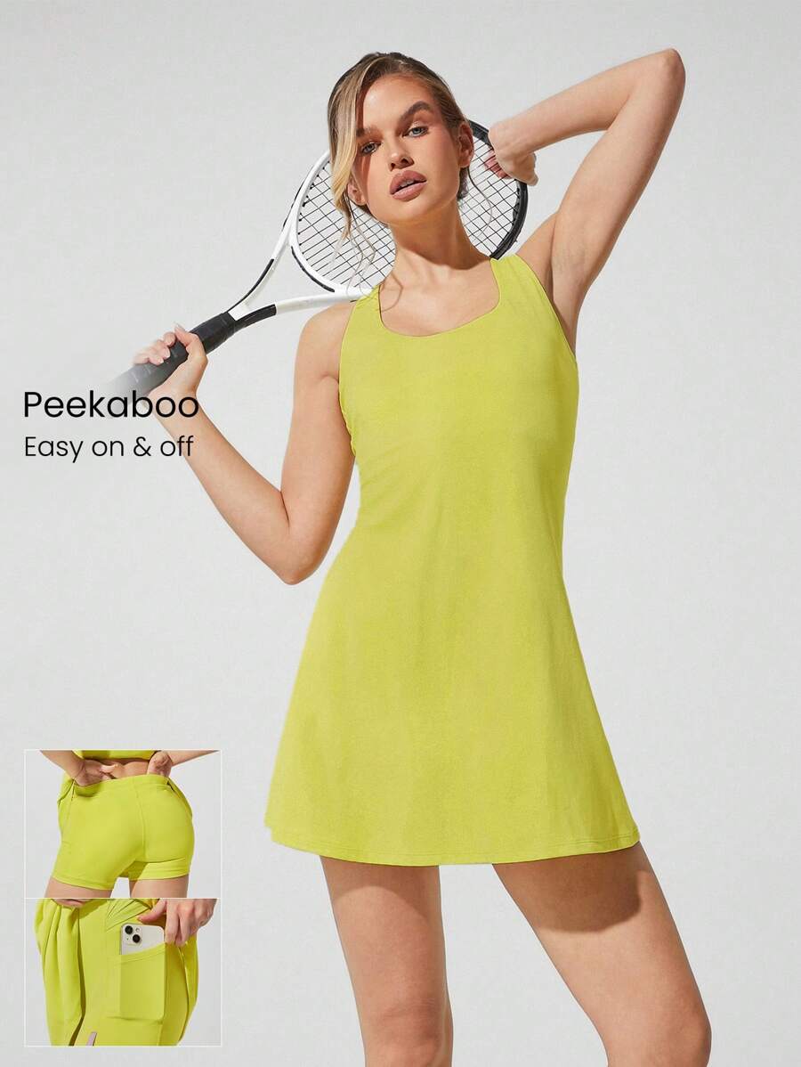 GLOWMODE FeatherFit™-Air Peekaboo 日常内置短裤口袋防滑连衣裙轻度支撑低冲击瑜伽工作室春季连衣裙夏季速干吸湿排汗 - 黃色 - 查看 1