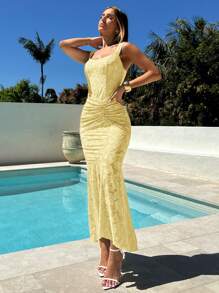 Aloruh Women's Elegant Romantic Vacation Solid Color Date Valentine's Day Fishbone Knit Cutout Texture Ruffled Asymmetrical Mermaid Bodycon Maxi Dress Party Dresses For Women,Bodycon Dress