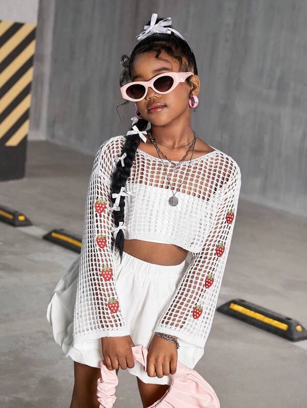 SHEIN 纯色镂空草莓刺绣短款针织罩衫