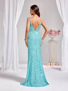 Zolique 开叉大腿亮片吊带连衣裙，适合节日派对服装，长款女士服装 - 淺藍色 - 查看 2