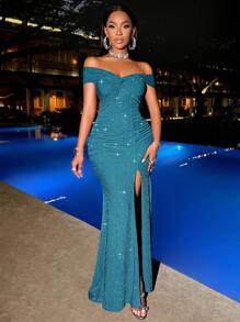 SOLERSUN 适合圣诞派对度假和约会优雅的勃艮第酒红色优雅扭曲露肩露背肩带高开叉美人鱼连衣裙，带有金属光泽，适合新年服装长款女装 - 水鴨藍 - 查看 7