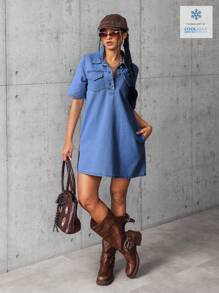 SHEIN EZwear 女式纽扣半襟短袖口袋休闲牛仔连衣裙 - 中等水洗藍 - 查看 6