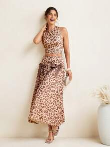 VALERIA GALIPOLI Falda midi con detalles de lazo de estampado de leopardo para mujer, ideal para salir, vacaciones y playa en verano - Multicolor - Ver 1