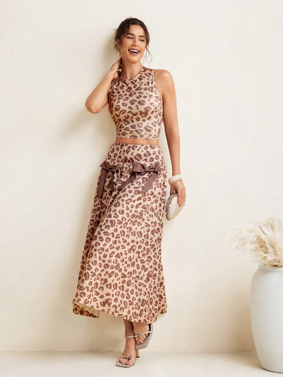 VALERIA GALIPOLI Falda midi con detalles de lazo de estampado de leopardo para mujer, ideal para salir, vacaciones y playa en verano - Multicolor - Ver 1