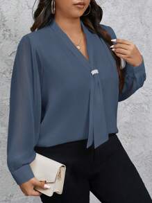 SHEIN Privé Blusa elegante de manga transparente con lazo de mujer talla grande de unicolor - Azul Marino - Ver 6