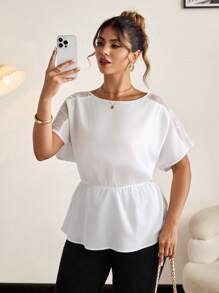 SHEIN Clasi Camisa de verano elegante de talla grande con unicolor, parche de encaje, cuello redondo y mangas tipo murciélago para mujeres - Blanco - Ver 4