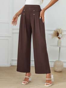 EMERY ROSE Women's Buttoned Pleated Elegant Office Pants Summer - Brown - View 4