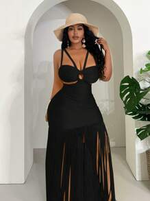 Slaydiva 大码女式镂空流苏下摆度假连衣裙 - 黑色 - 查看 5