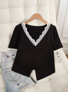 SHEIN Women's Casual Lace Trim V-Neck Hem Slit Design Nightgown,Women Sleepwear Tops, Women S Tops, Cute Tops Women - Black - View 3