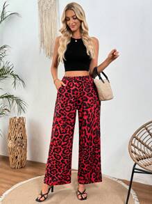 SHEIN ChicEase Women's Leopard Print Elastic Waist Pockets Casual Wide Leg Pants - Burgundy - View 4