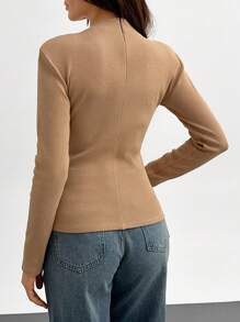 RueChic Mock Neck Ribbed Knit Tee - Beige - View 2